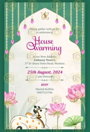 Artistic Indian Housewarming Invitation With Vibrant Lotus Flowers And Ornate Details